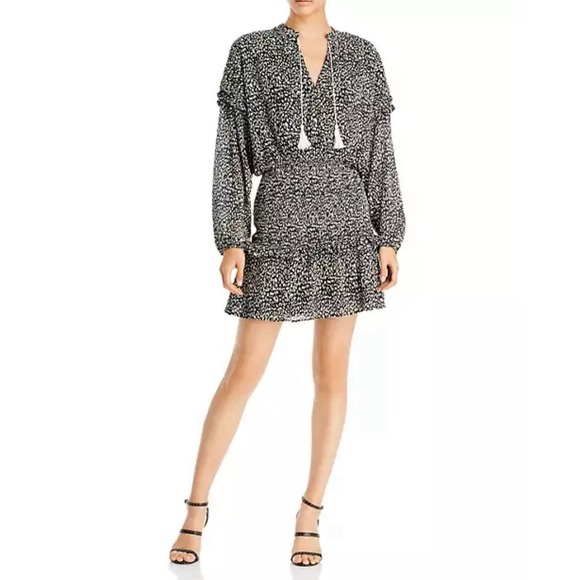 NWT Aqua Animal Print Smocked Mini Dress Chiffon Tasseled Party Chic Size XS - Picture 1 of 11
